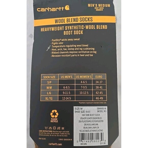 Carhartt Boot Socks Mens Medium 6-8.5 Brown Heavyweight Synthetic Wool Blend New - Picture 4 of 6